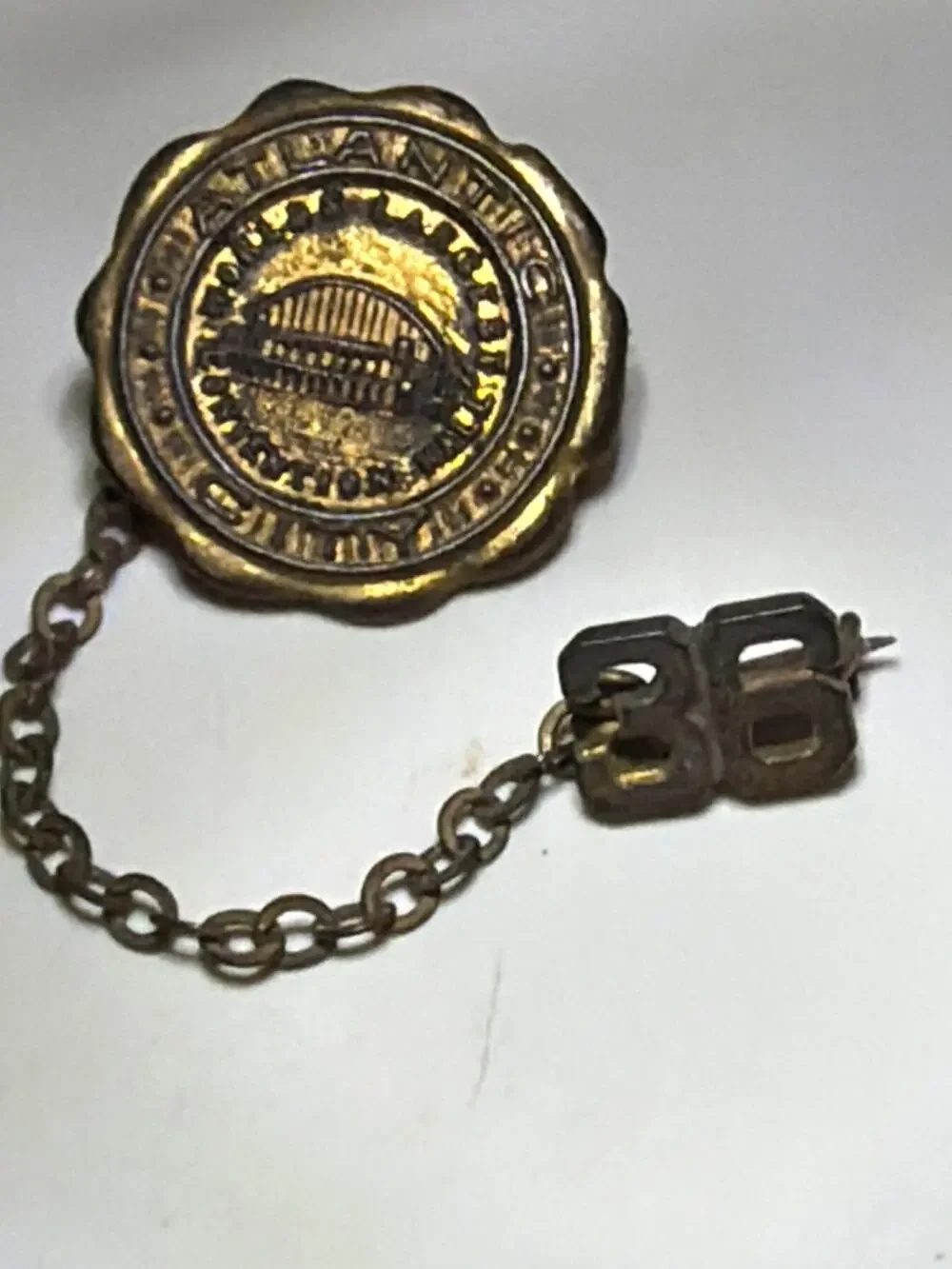 Vintage Atlantic City Convention Hall 36 Year Service Chain Lapel Pin Gold Tone